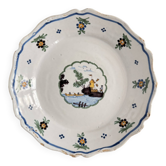Assiette en Faïence de Nevers du XVIIIe Siècle | Moulin à Vent et Rivière