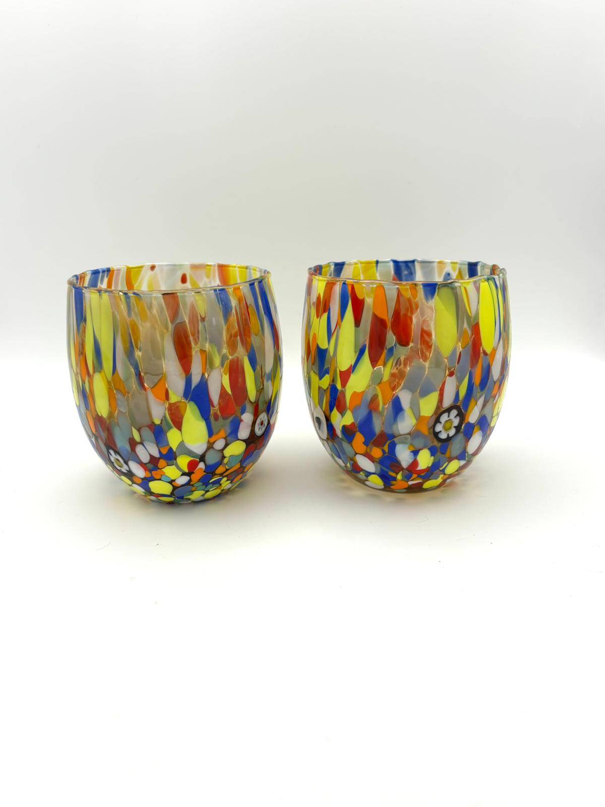 Set of 6 blown glass glasses from Venice with Effetre Murano murrine.