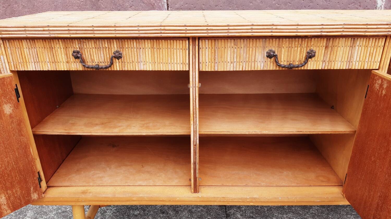 Console table in rattan and bamboo, (Attributed to Audoux-Minet)