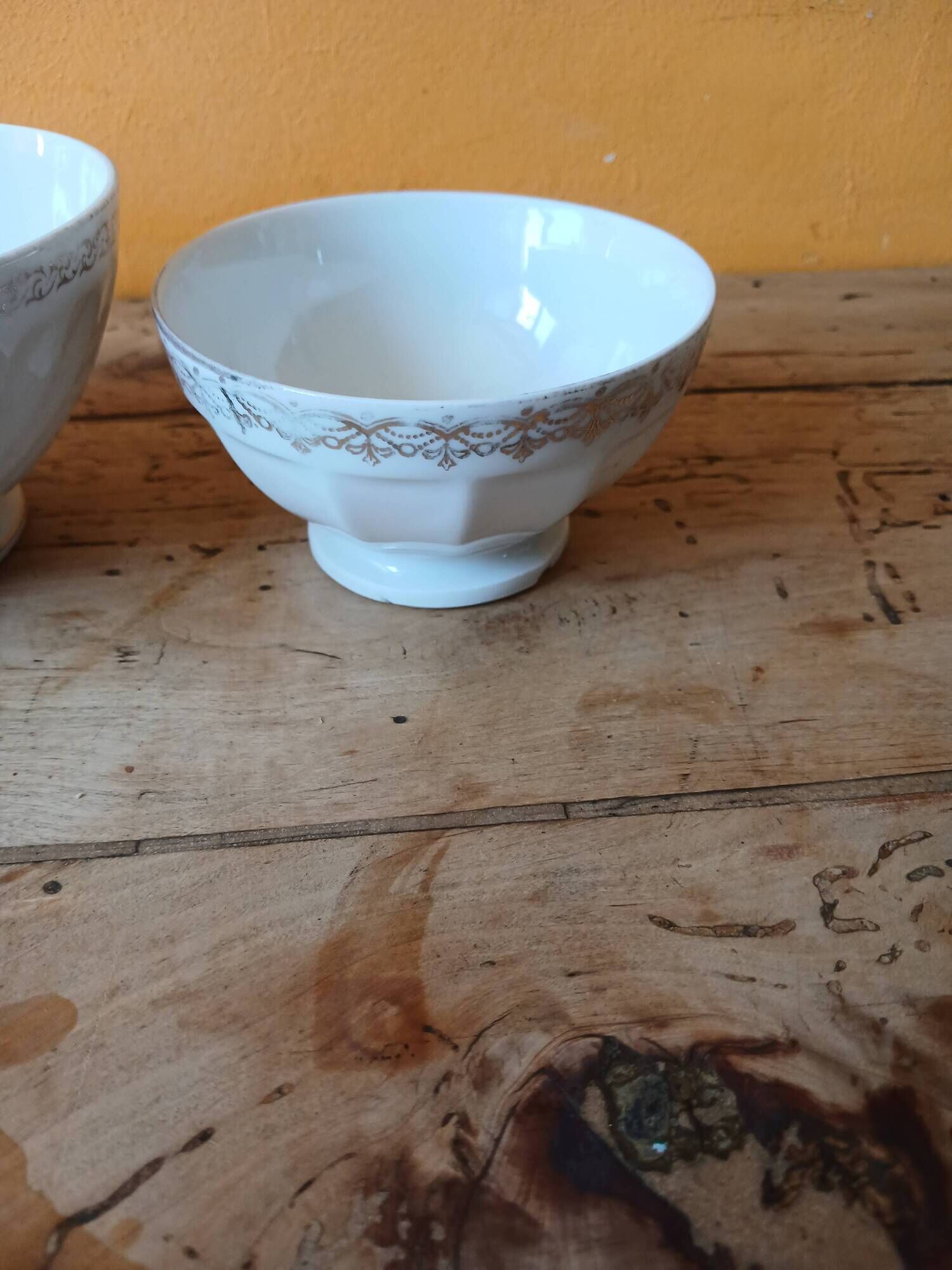 Set of 3 white and gold antique bowls - porcelain cups