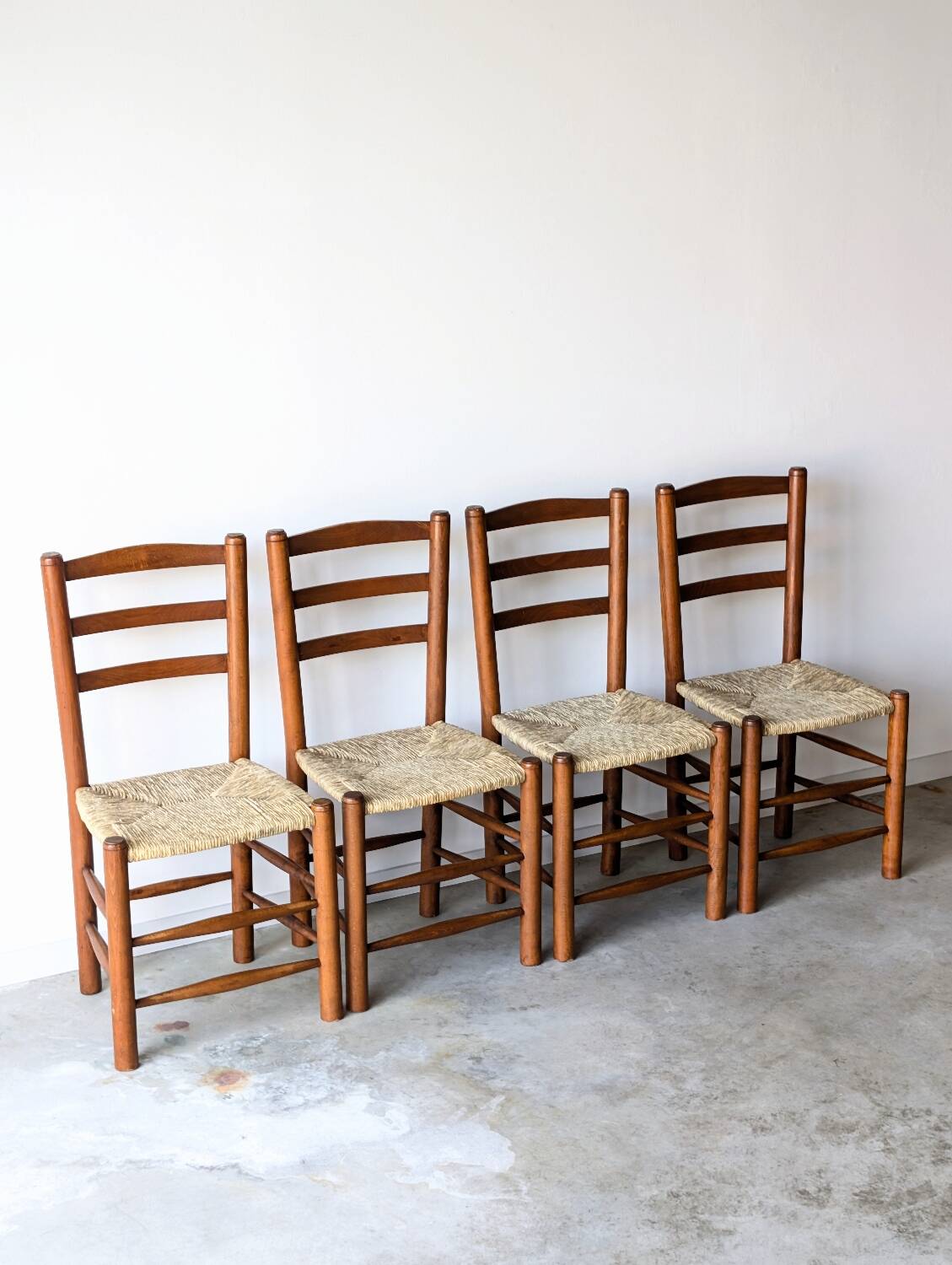 4 vintage brutalist chairs, wood & rope, Sentou / Perriand, 1960