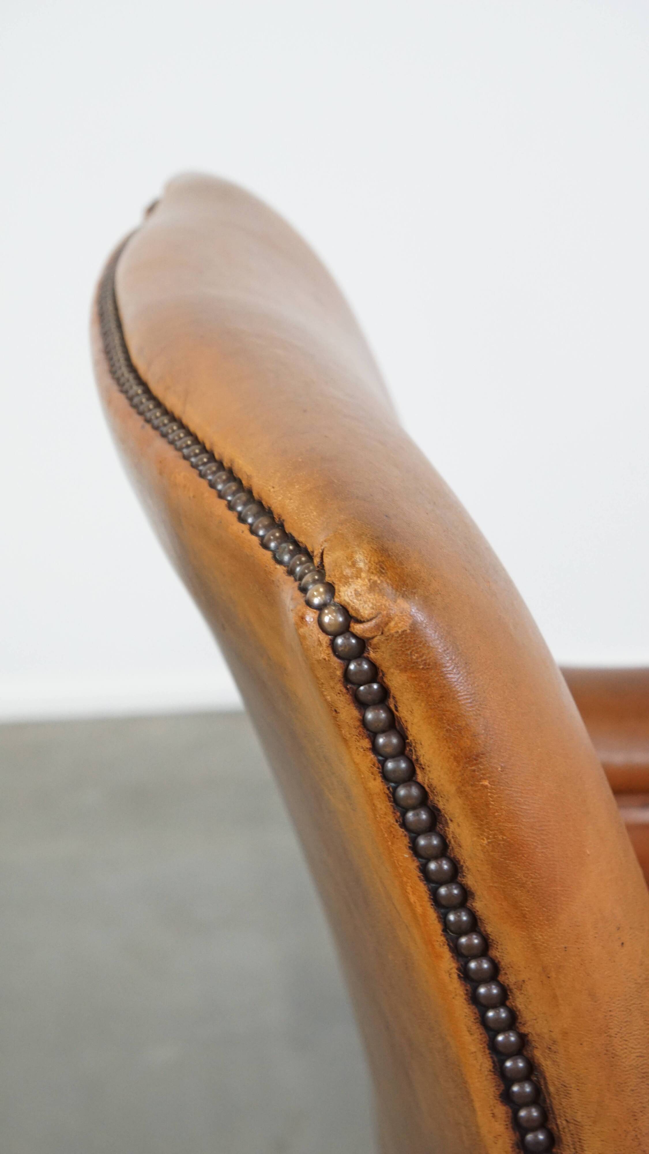 Cognac-Colored Sheepskin Leather Armchair with Straight Lines