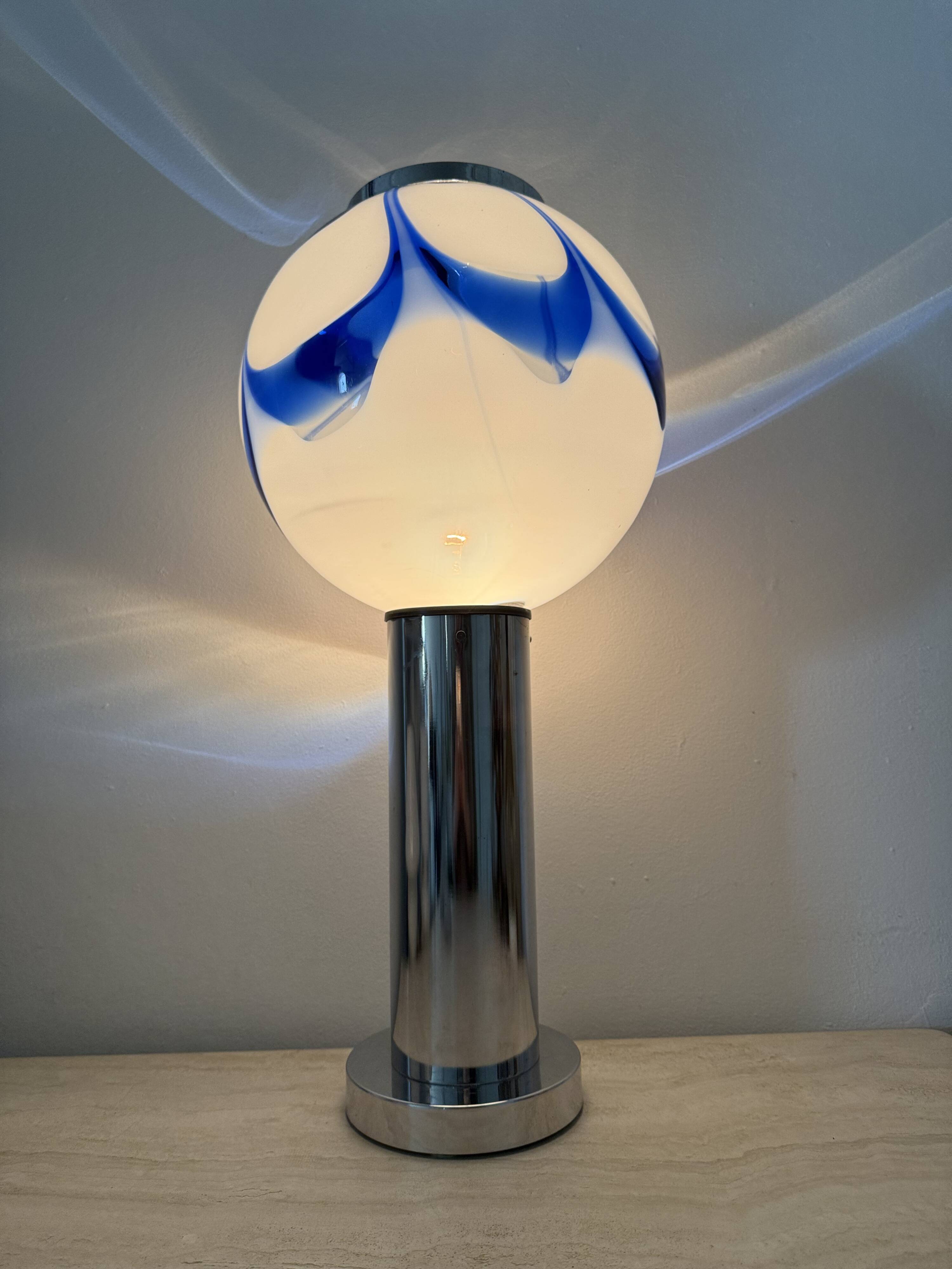 Mid – century Large glass table lamp with blue swirl , 1970s Italy