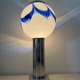 Mid – century Large glass table lamp with blue swirl , 1970s Italy
