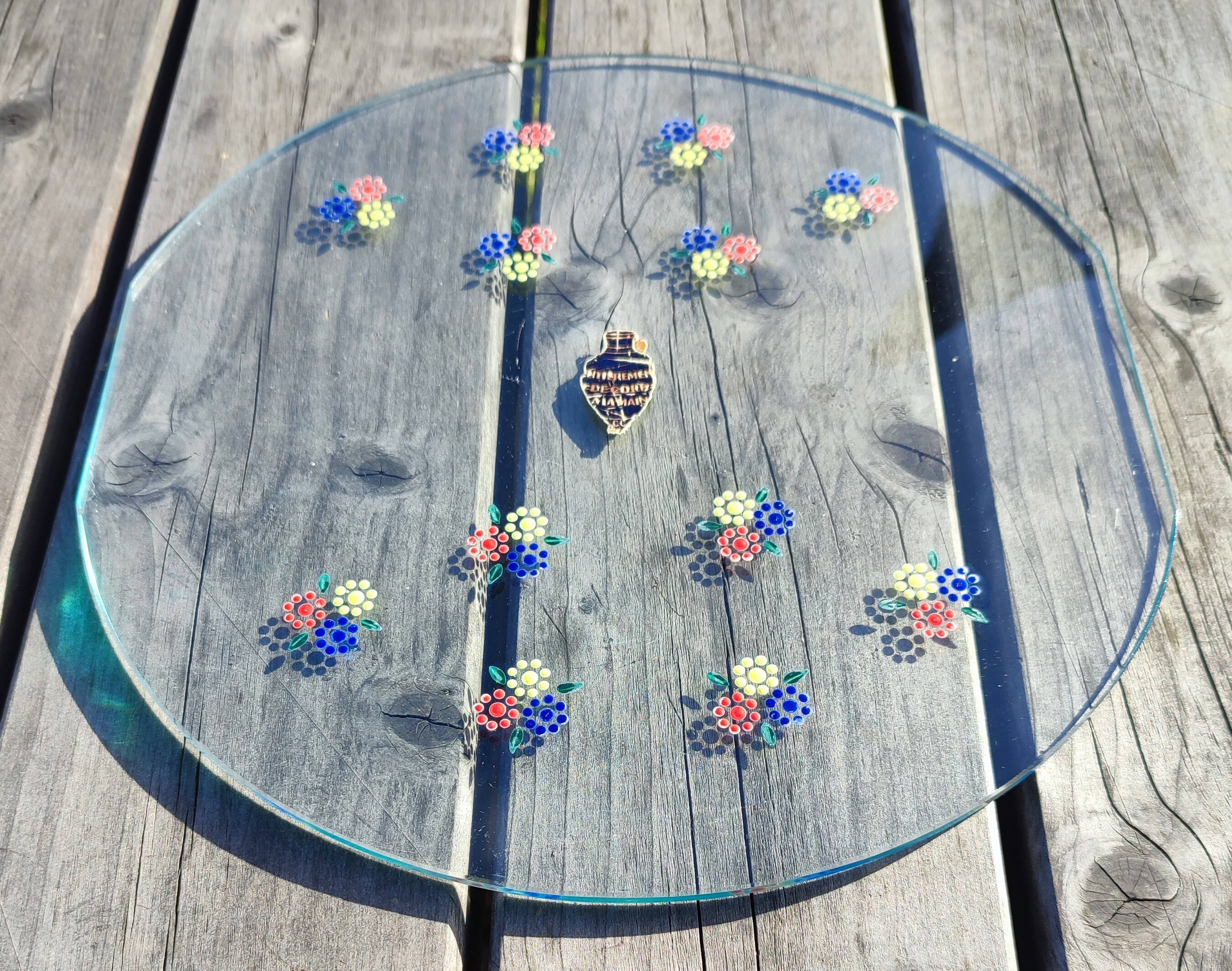 Vintage glass platter – Cold enamel floral painting "Handmade"