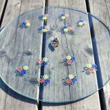 Vintage glass platter – Cold enamel floral painting "Handmade"