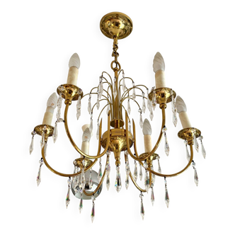 Lustre 6 feux en métal doré et pampilles