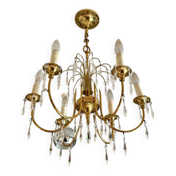 Lustre 6 feux en métal doré et pampilles