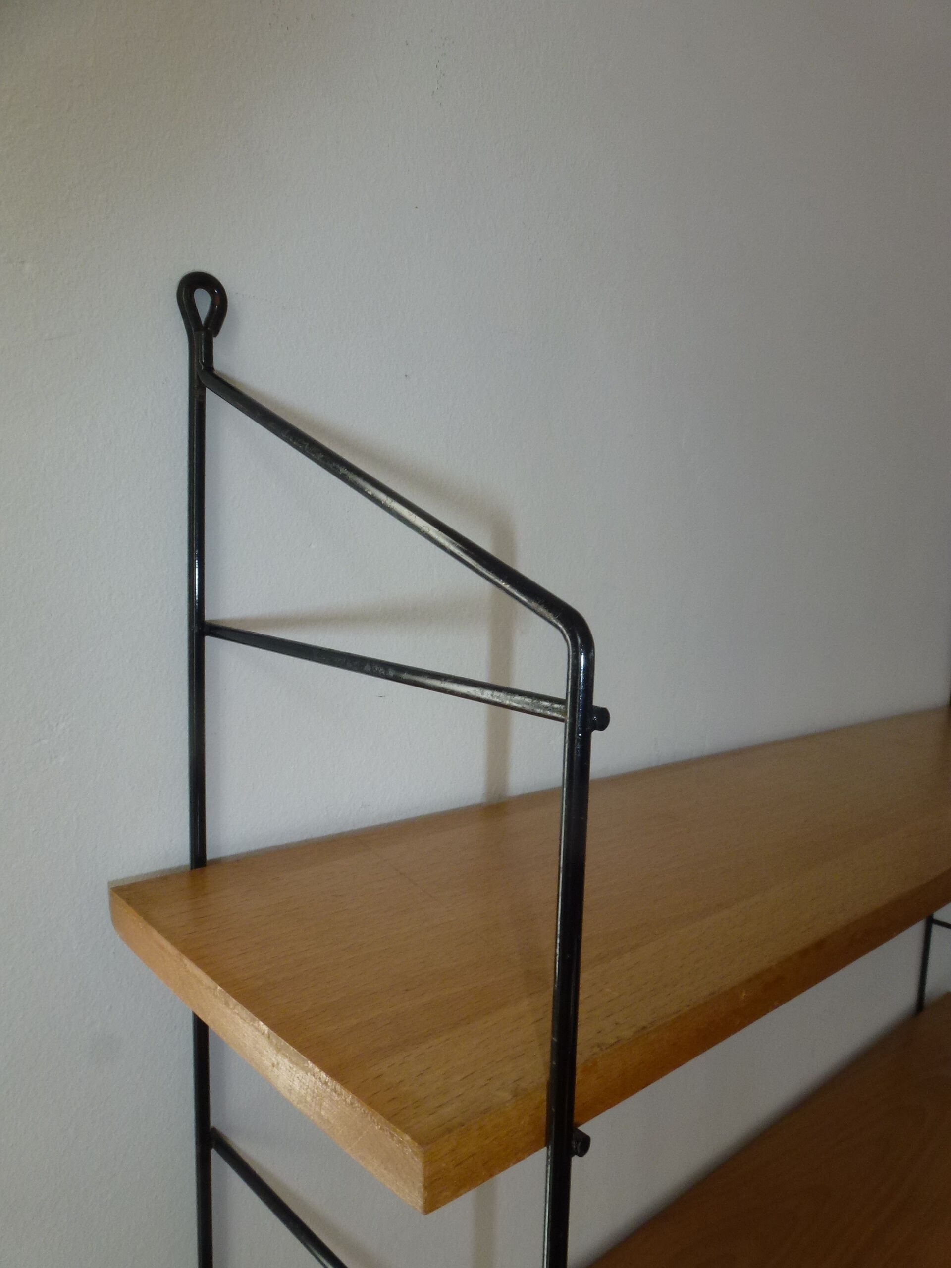 Vintage thong wall shelf, wood and black lace-up metal