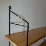 Vintage thong wall shelf, wood and black lace-up metal