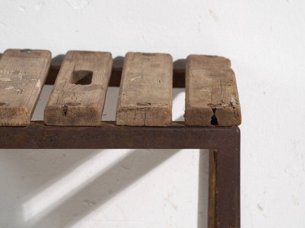 Vintage industrial stool made of pine wood and iron – Central Europe, around 1950