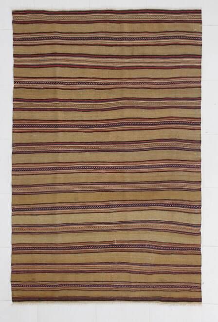 4x7 Bronze & Red Striped Handmade Vintage Kilim Rug, 130x218Cm