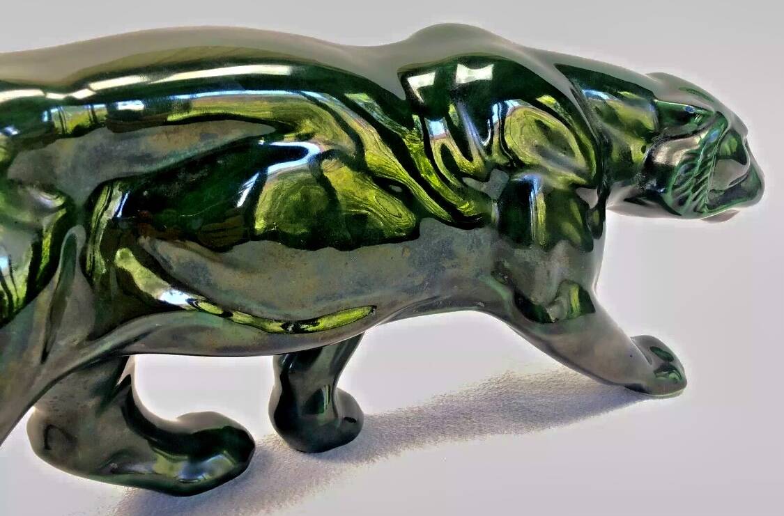 Ancienne statue statue lionne tigre Art Déco 1930 craquelé Saint Clément