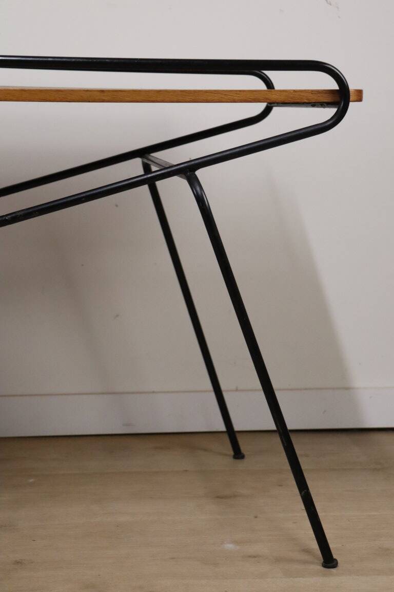 Vintage side coffee table in black lacquered metal and oak, 1950