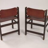 2 Chaises de salle à manger brutalistes en bois et cuir