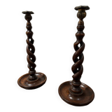 Oak Open Barley Twist Candlesticks with cast brass tops