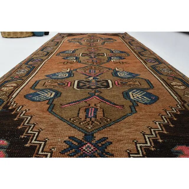 Vintage Turkish Oushak Handmade Wool Cotton Brown Runner Rug 128296