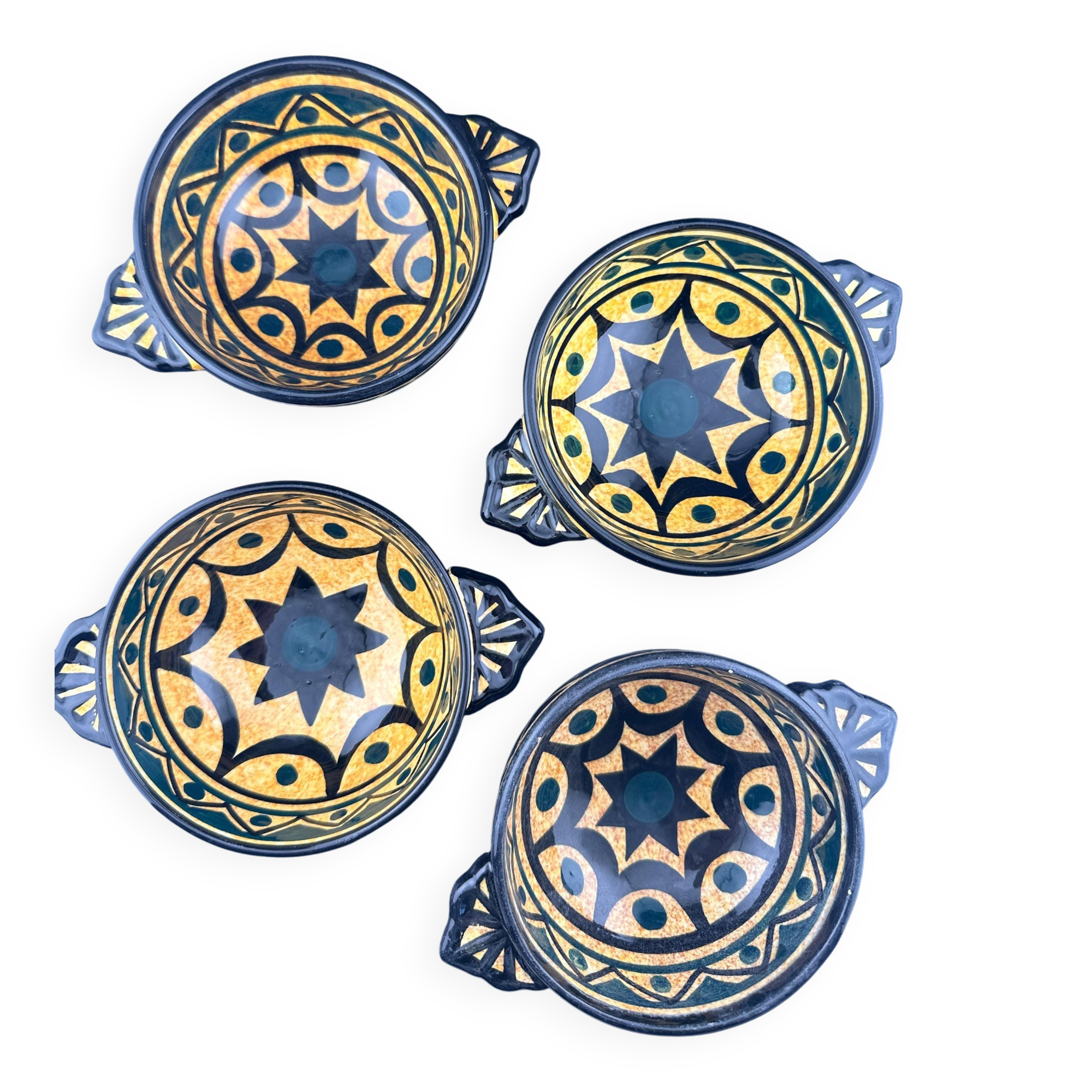 Earthenware Bowls St Jean de Bretagne Set of 4 Hand Decorated Geometric Black