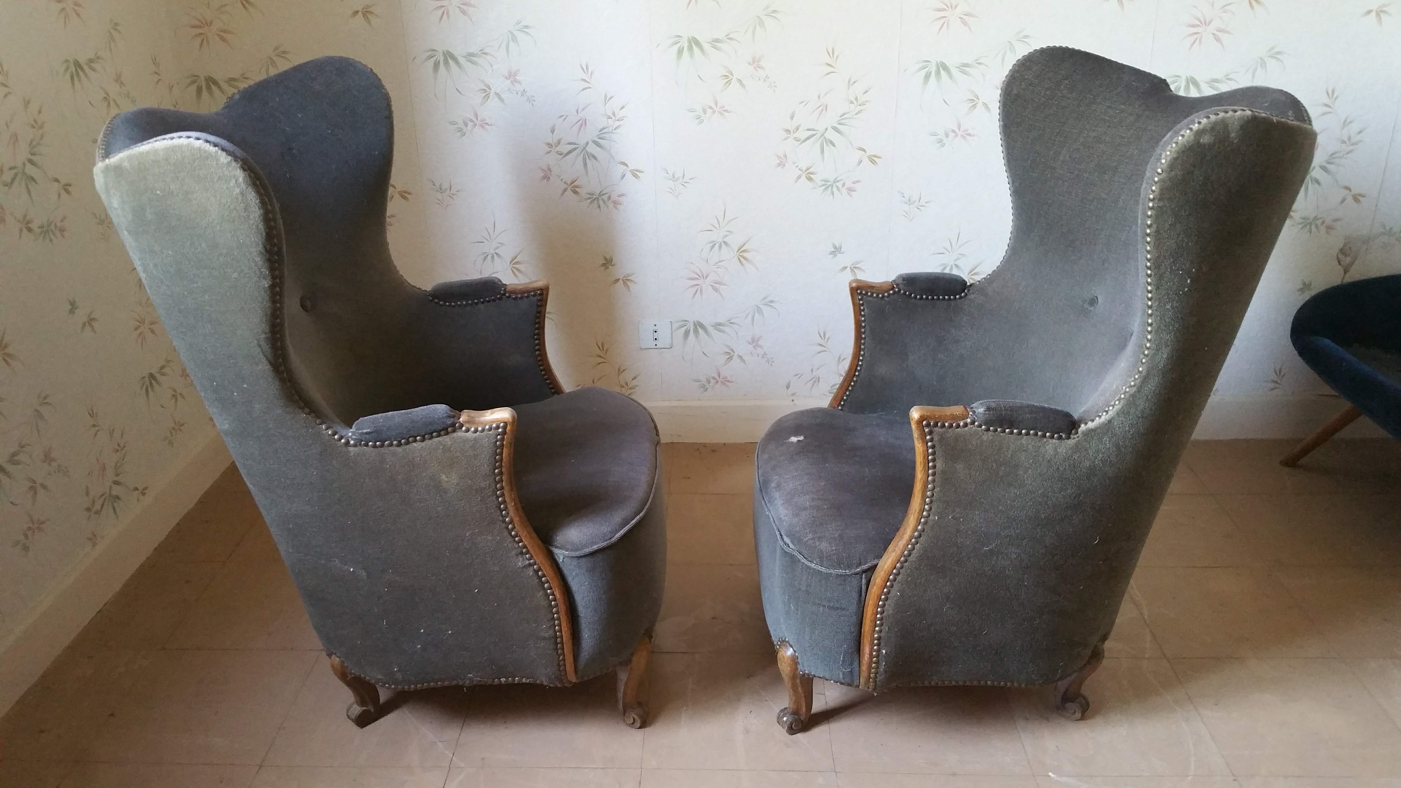 Pair of sculptural Bergère barrel armchairs