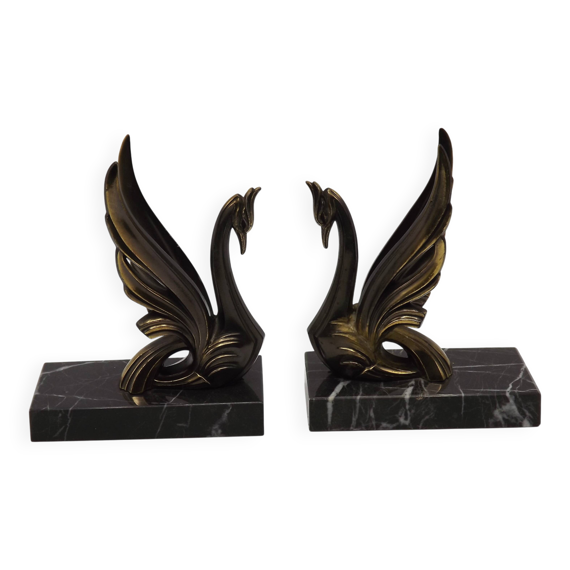 French Art Deco Bronzed Effect Spelter Swan Book Ends Black Marble Base