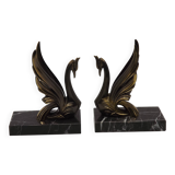 French Art Deco Bronzed Effect Spelter Swan Book Ends Black Marble Base