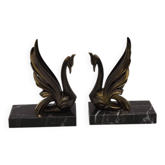 French Art Deco Bronzed Effect Spelter Swan Book Ends Black Marble Base