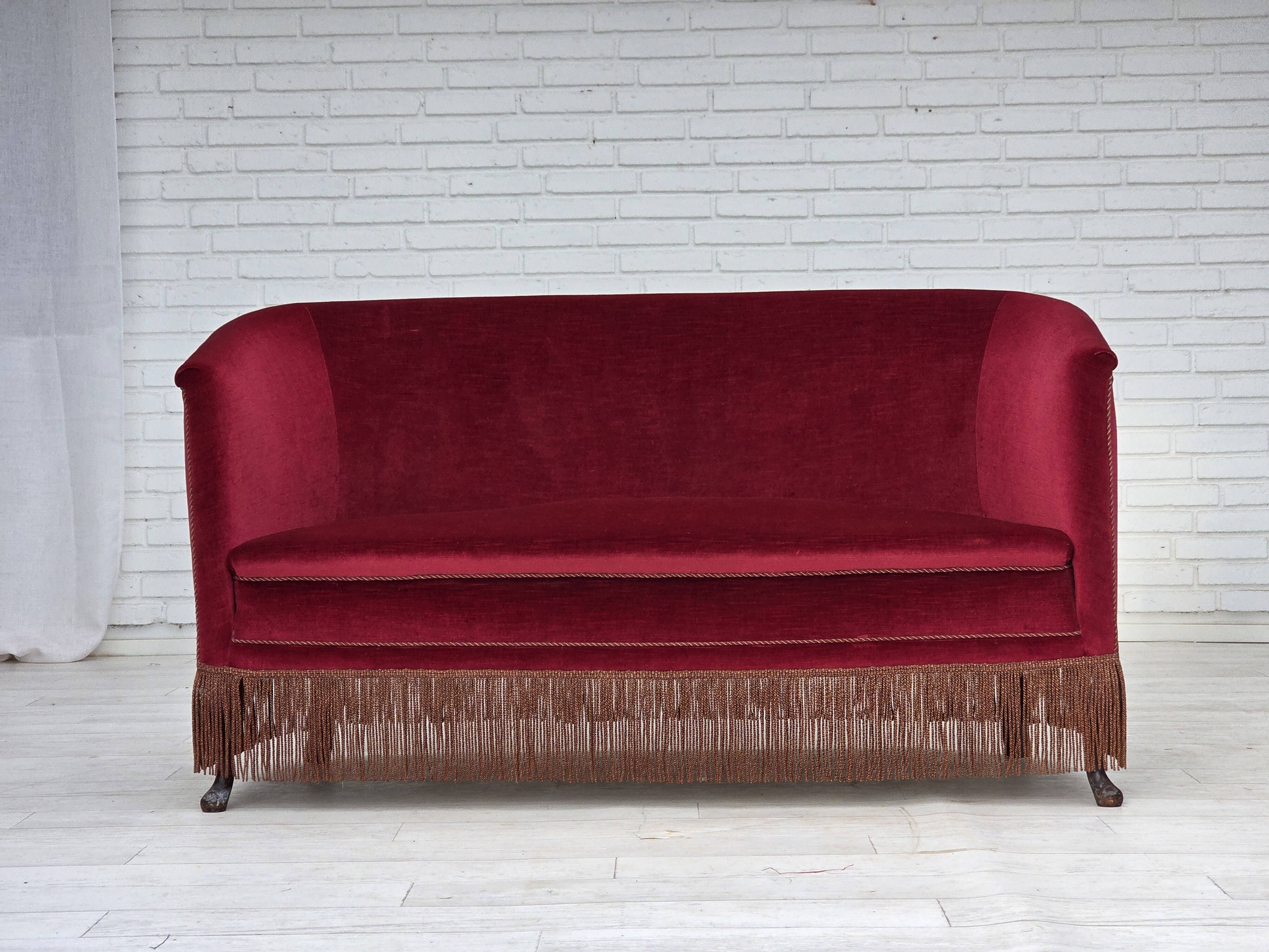 1960s, Danish 2-seater sofa, red furniture velour, ash wood legs.