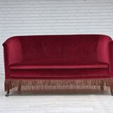1960s, Danish 2-seater sofa, red furniture velour, ash wood legs.