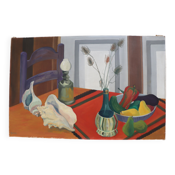 Nature morte aux coquillages sur nappe rayée, Guy Leclercq, XXe siècle