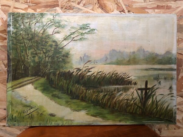 Ancien tableau huile sur toile C. Guyon campagne XlXeme vintage