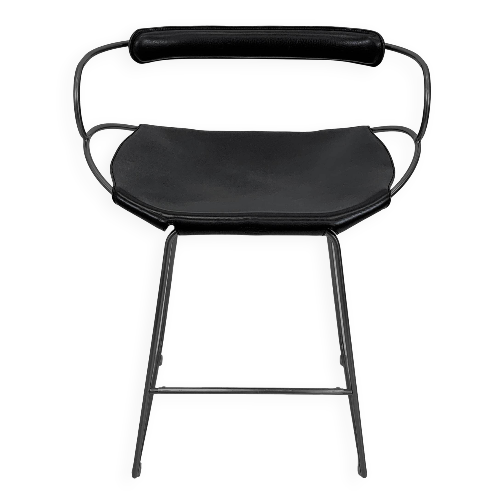 Contemporary sculptural bar stool c. Black smoked metal backrest and black leather.