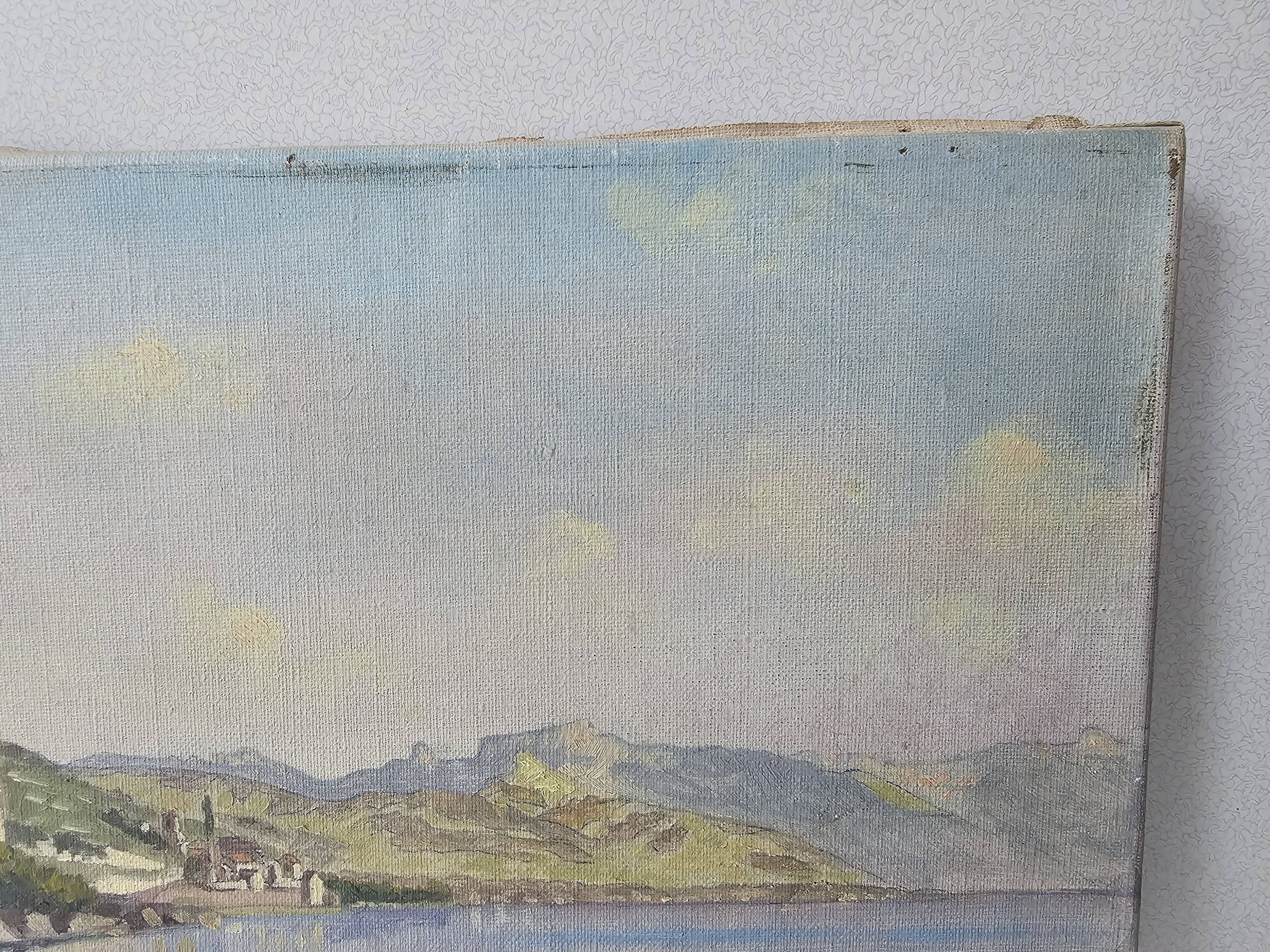 Old painting - Oil on canvas Lake Geneva Chateau de Glérolles (Switzerland)