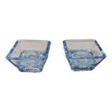 Two candleholders in turquoise/tranparent glass from Danish Kastrup-Holmegaard glassworks 1965-72