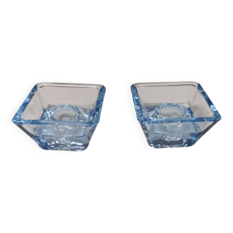 Two candleholders in turquoise/tranparent glass from Danish Kastrup-Holmegaard glassworks 1965-72