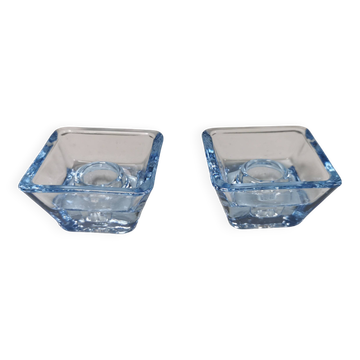 Two candleholders in turquoise/tranparent glass from Danish Kastrup-Holmegaard glassworks 1965-72