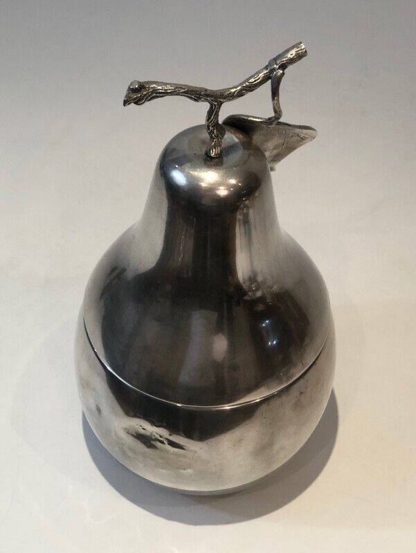 Silver-plated metal and plastic pear-shaped ice bucket.