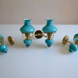 Series of 3 vintage brass and blue opaline wall lamps