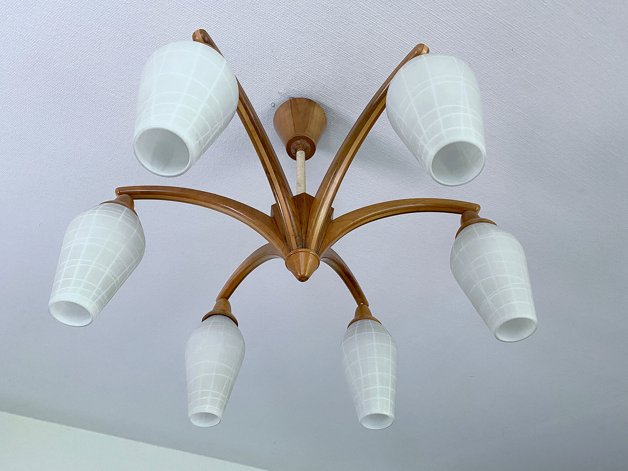 Vintage Pendant Lamp Scandinavian Temde, Wood and Opal Glass, 60s