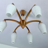 Vintage Pendant Lamp Scandinavian Temde, Wood and Opal Glass, 60s