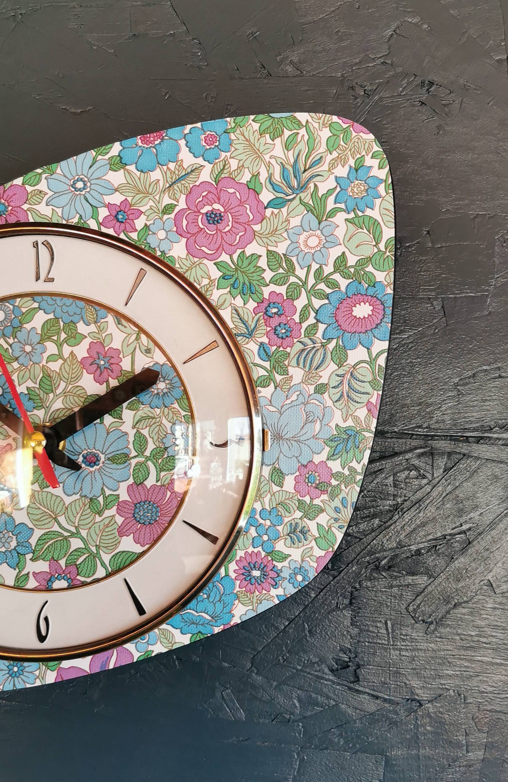 Vintage formica clock silent asymmetrical wall pendulum "Flowered blue purple"