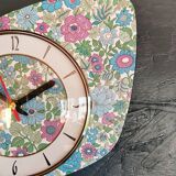 Vintage formica clock silent asymmetrical wall pendulum "Flowered blue purple"