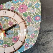 Vintage formica clock silent asymmetrical wall pendulum "Flowered blue purple"