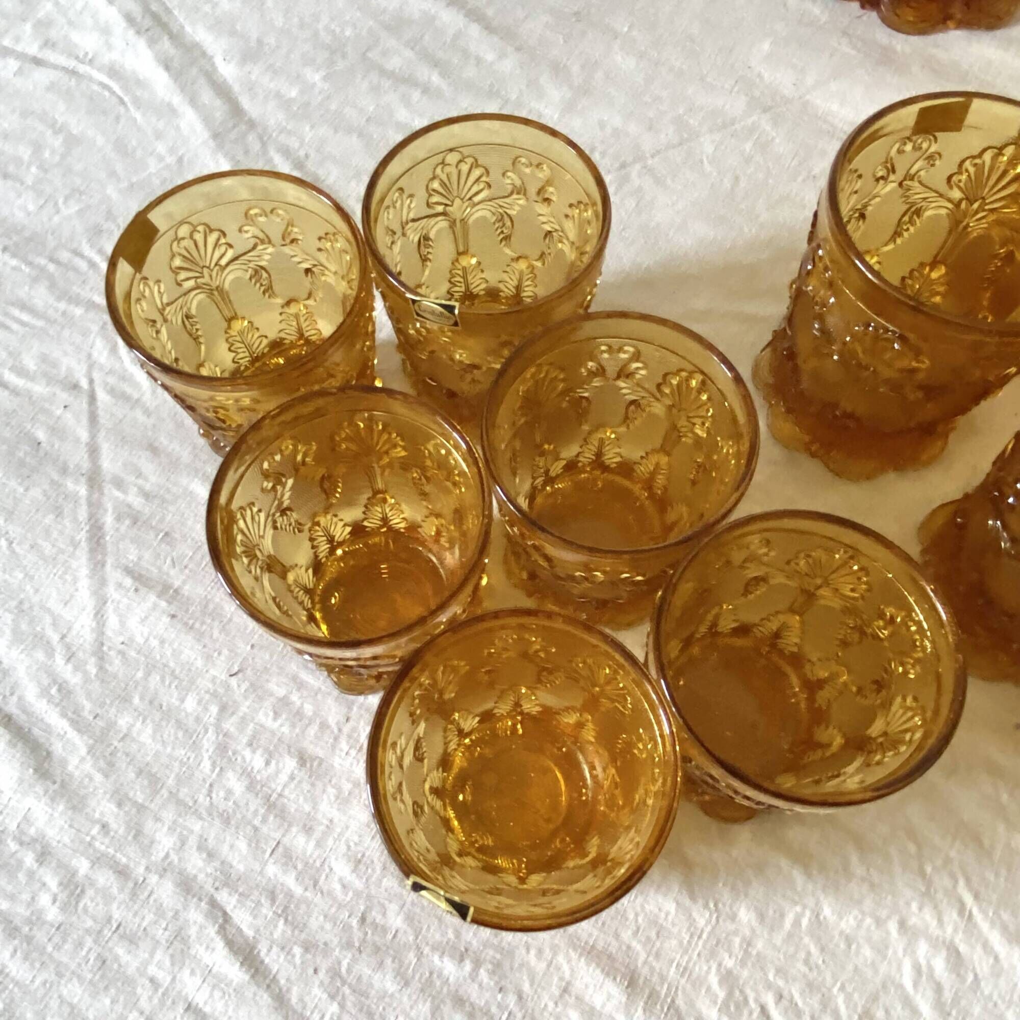 Glasses and ice bucket baroque style amber glass Italy 70s