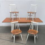 Teak mid-century table and Fanett chairs by Ilmari Tapiovaara for Asko, set of 5.