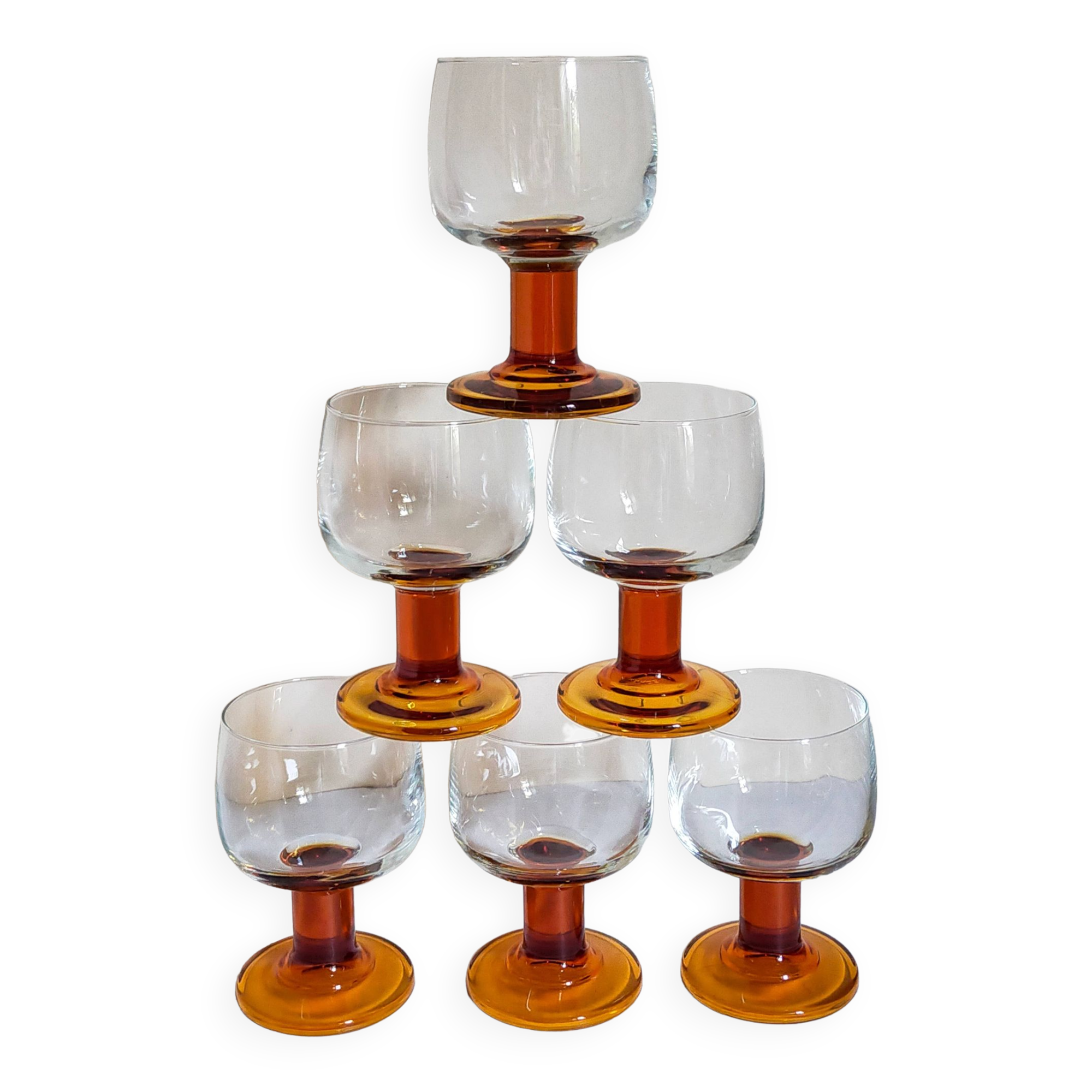 Six amber stemmed glasses from the 70s