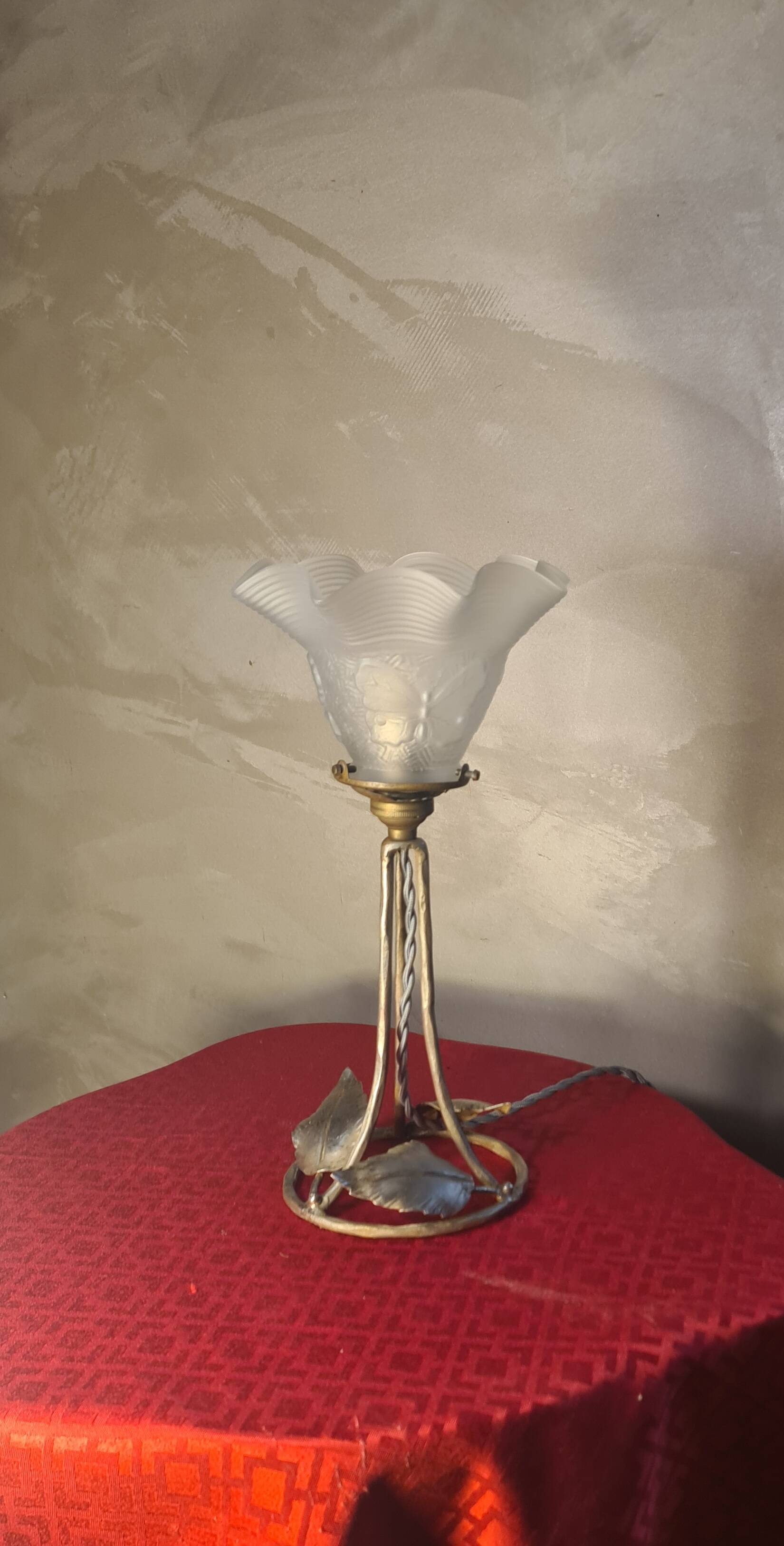 lampe fer nickelé 1900 a 20 tulipe verre papillon 32x16