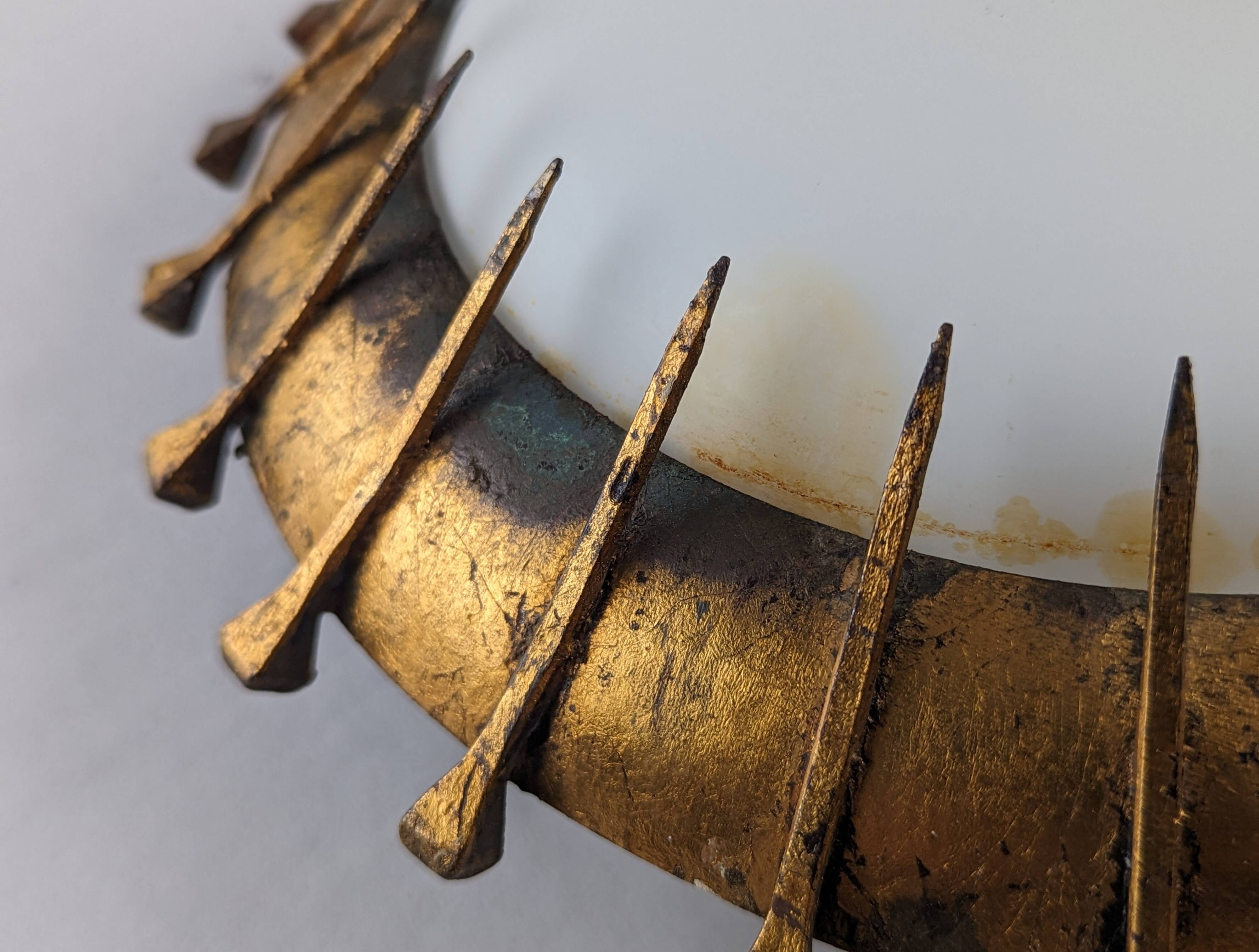 Sunburst lamp with nails forged with gold leaf and opaline, 1940s