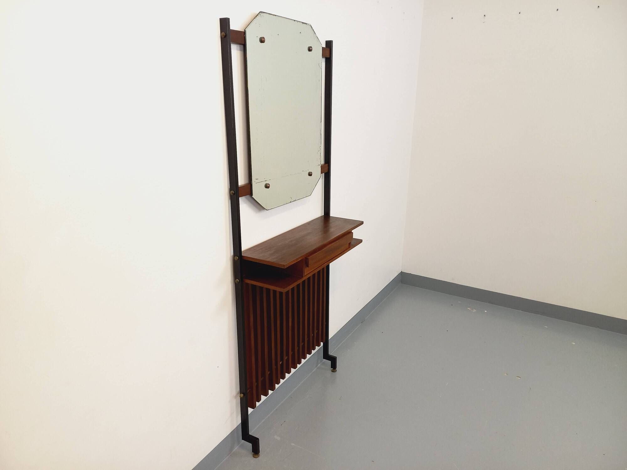 Vintage Italian hall cabinet with mirror and teak shelves