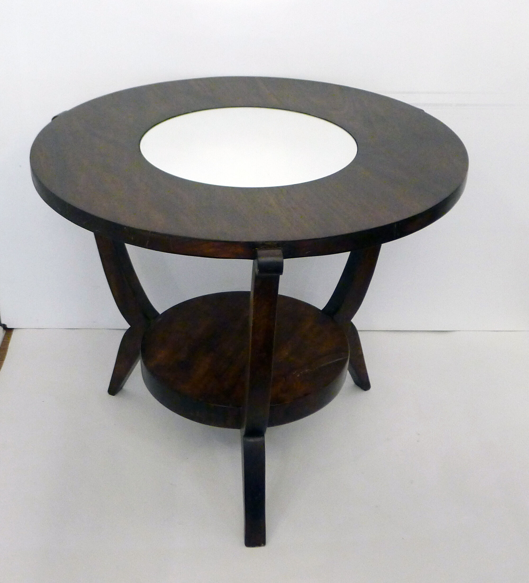Table basse ronde Art Déco bois foncé & miroir
