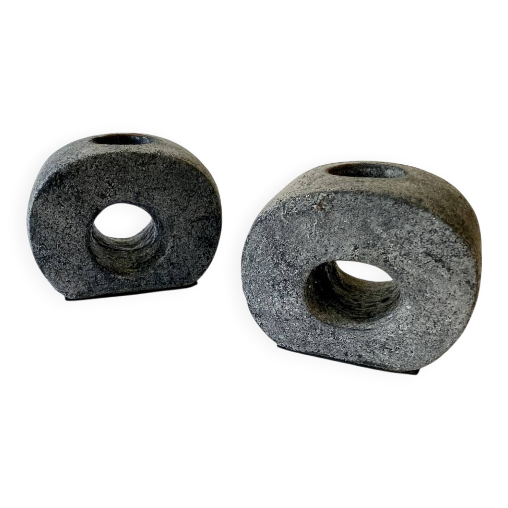 Pair of terracotta candle holders with anthracite finish, 1980s.